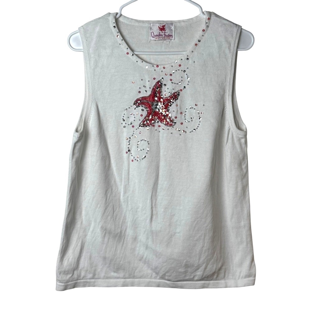 Quacker Factory Sweater Vest Women S White Starfish Sequin Nautical Sleeveless